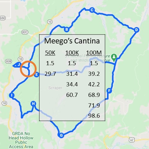 Milage chart for Meego's Cantina